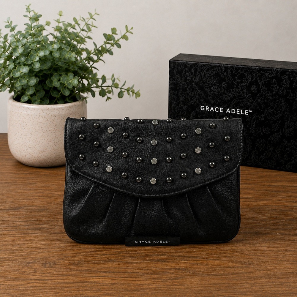 NWOT Grace Adele Black‎ Pebbled Leather Studded Crystal Crossbody Clutch Bag